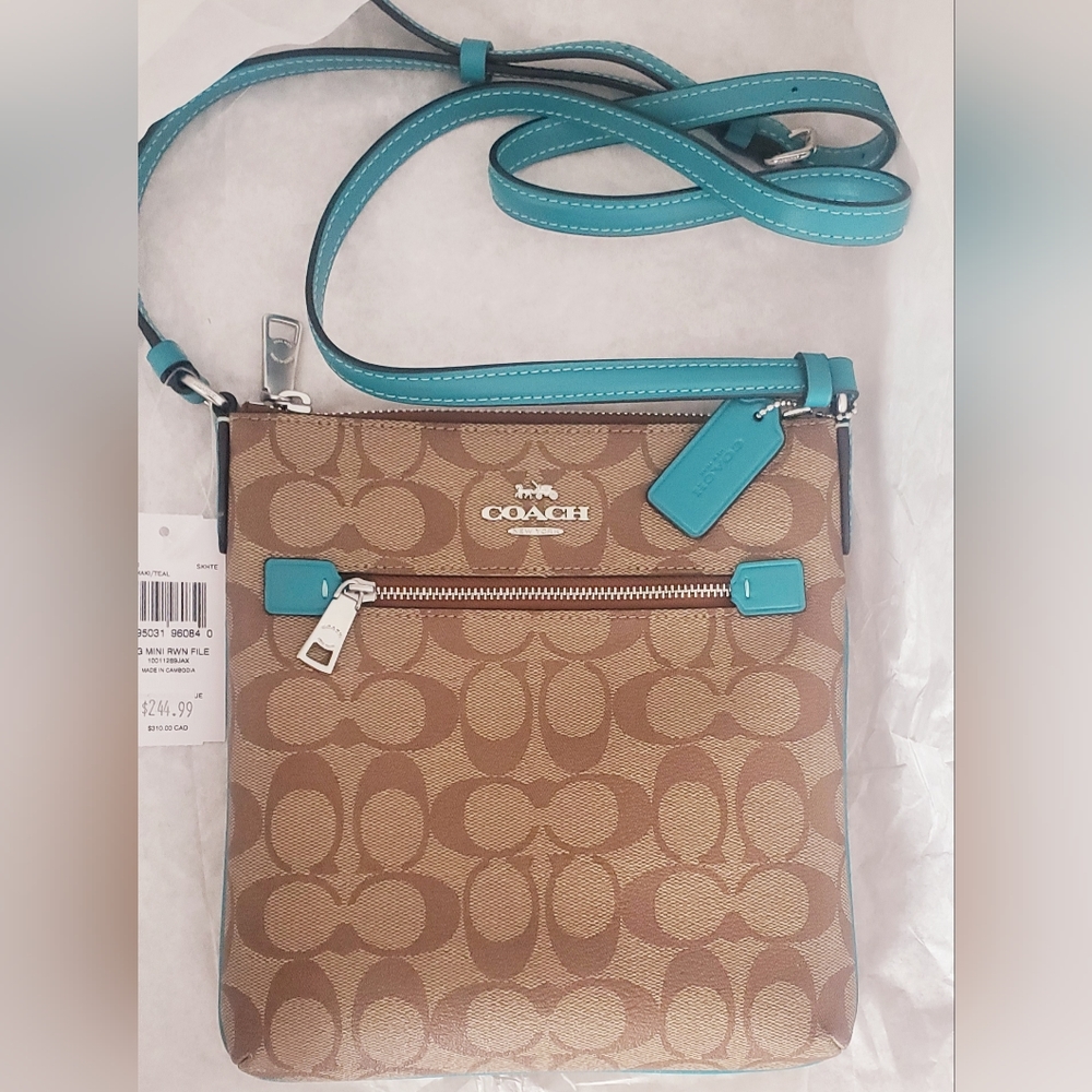 New with tags COACH MINI ROWAN FILE CROSSBODY Khaki Teal